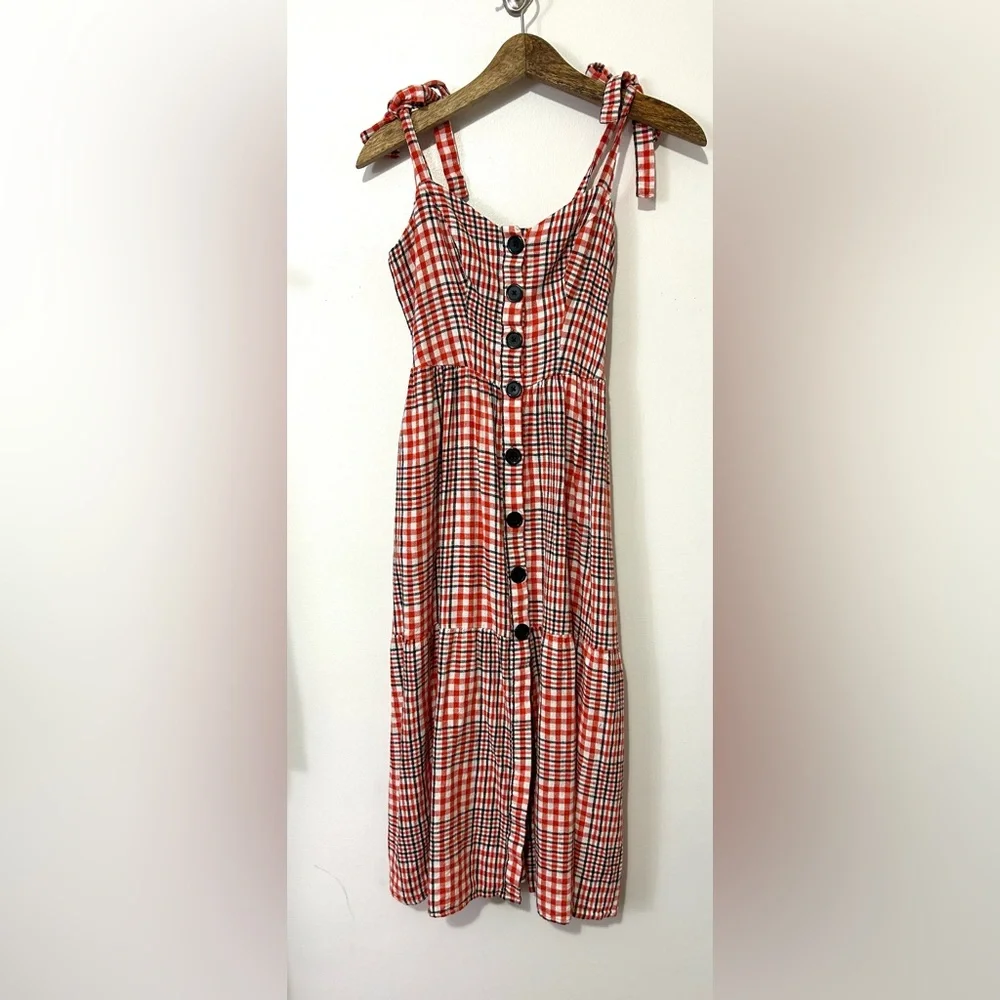 Urban Outfitters Red Plaid Gingham Midi Dress Small Linen Button Smocked Picnic - Picture 3 of 10